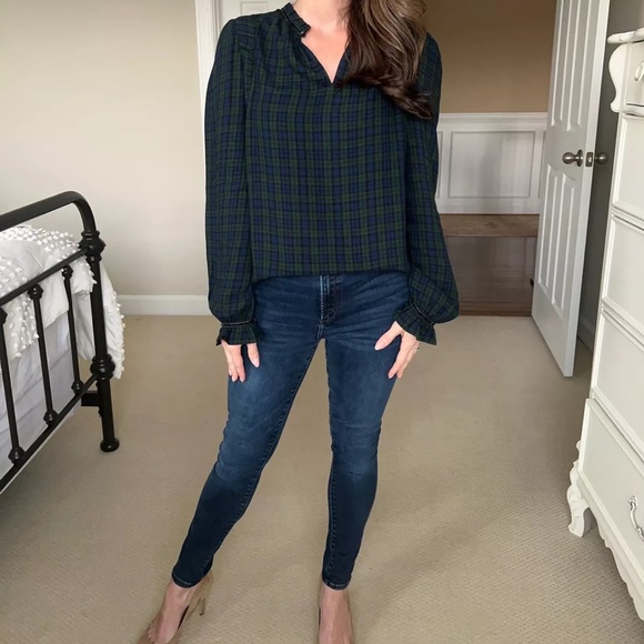 Plaid Ruched Ruffle Neck Blouse - Picture 4 of 4